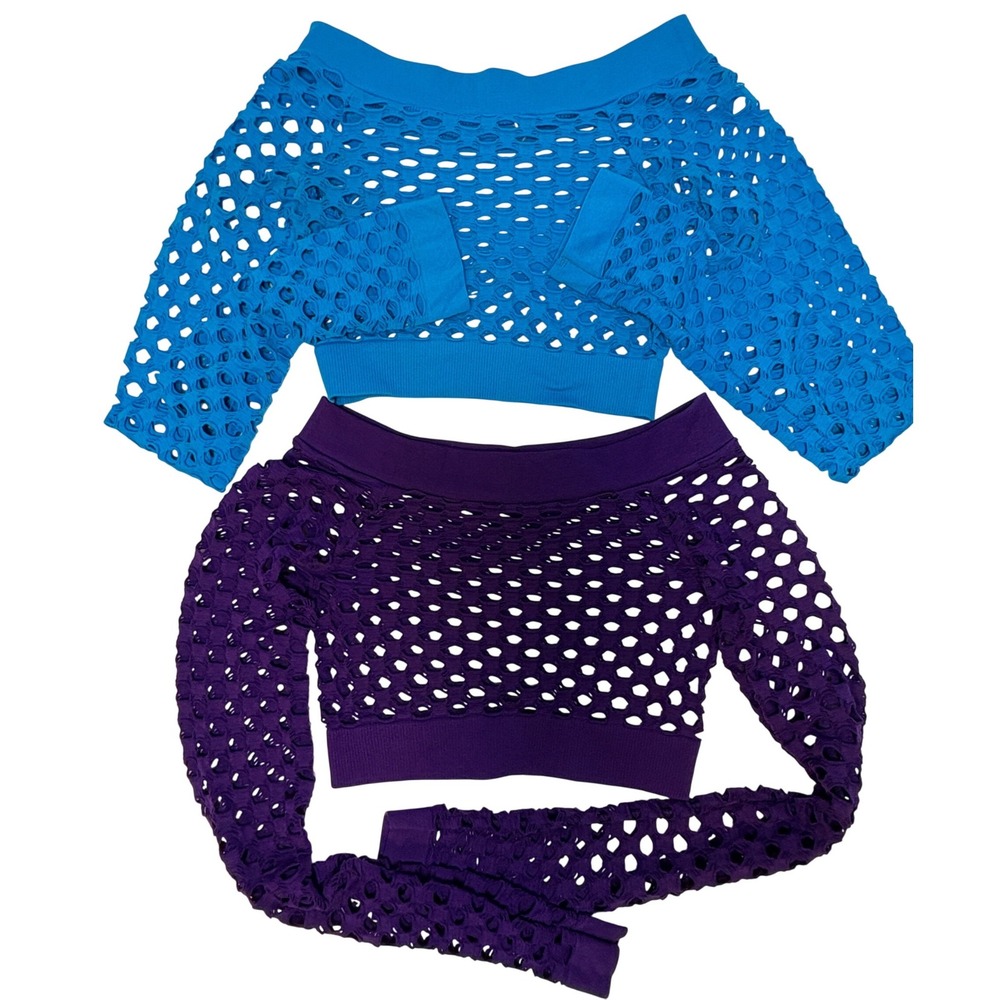 Lot of 2 Fishnet small Mesh Crop Top Women OS Blue Purple Rave Festival Sexy